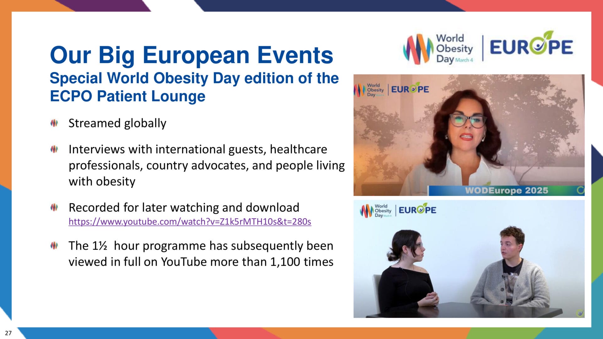 Slide highlighting the ECPO Patient Lounge event for World Obesity Day 2023, featuring speakers, viewing stats, and YouTube links, with a logo and screenshots of the event.