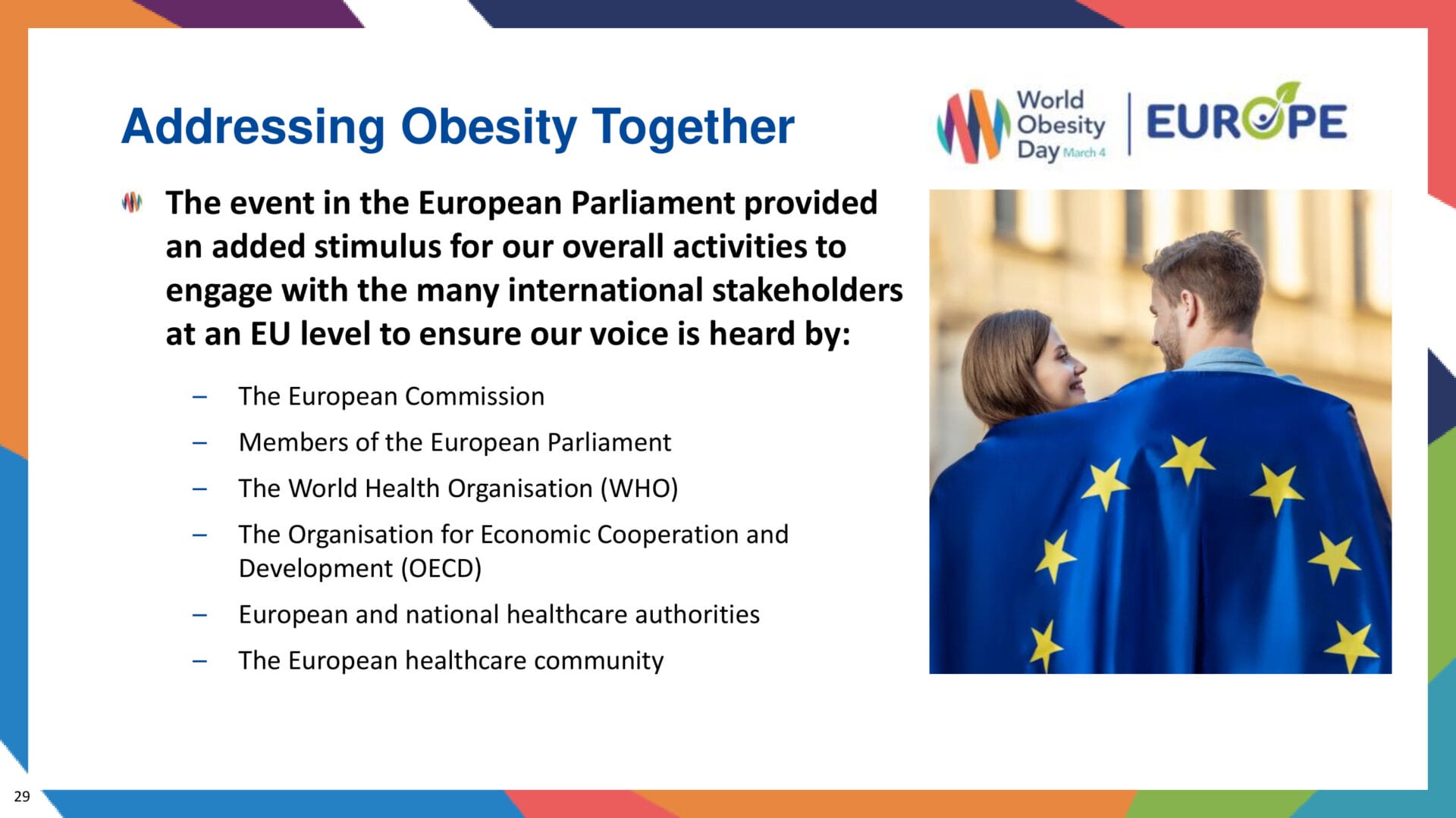 A woman draped in an EU flag smiles at a man; the text discusses European Parliament efforts and international cooperation for World Obesity Day.