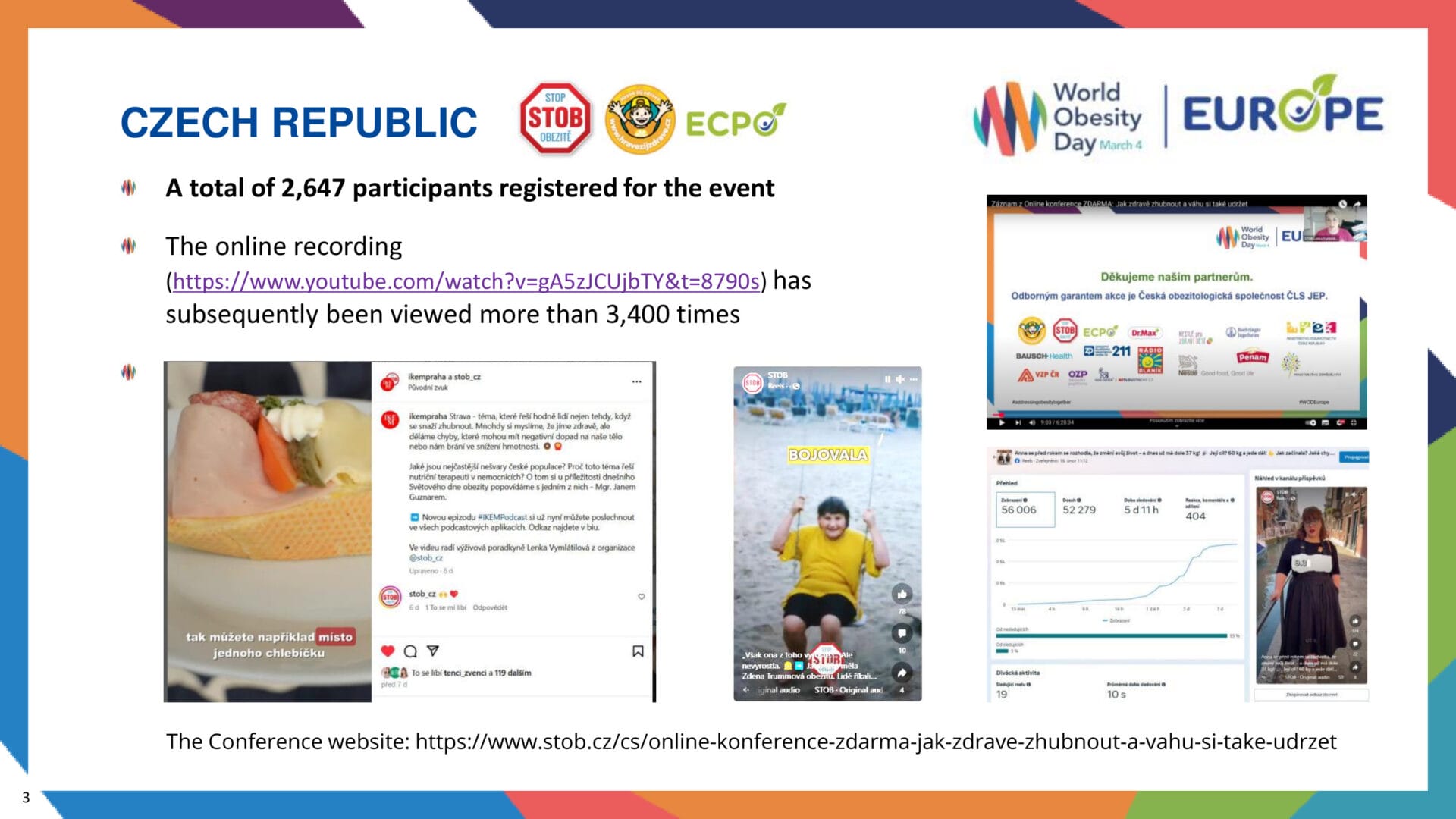 Slide about a Czech Republic obesity event, showing registration stats, a YouTube link, social media posts, and a website screenshot with graphs and participant data.