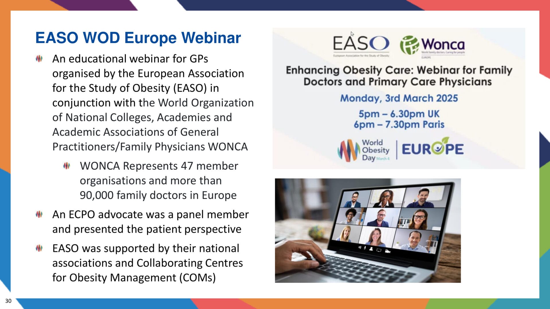 A promotional slide for the EASO World Europe Webinar with details about the event, speakers, and an image of people participating in an online meeting.