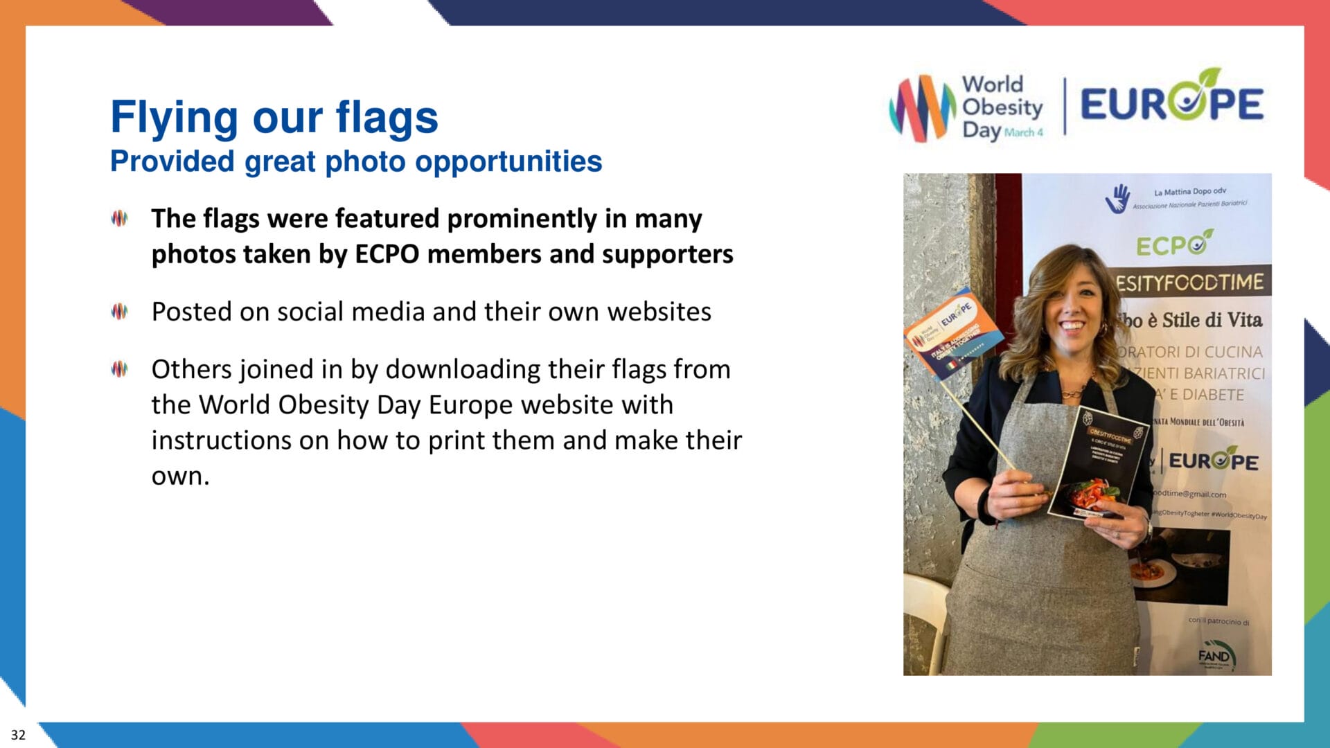 A woman stands indoors holding small World Obesity Day flags. Text on the left highlights the visibility of flags at events and online. World Obesity Day Europe logo is displayed.