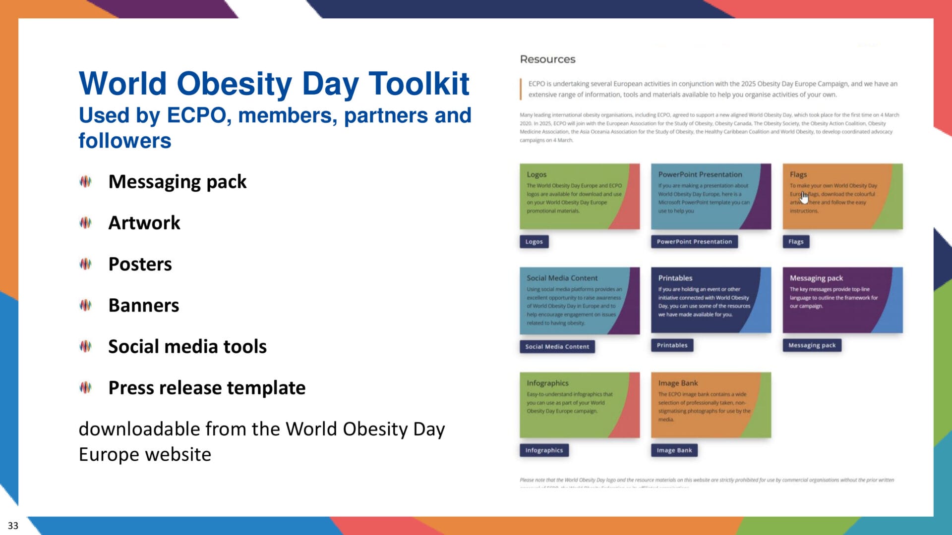 Screenshot of the World Obesity Day Toolkit page, listing resources such as messaging pack, artwork, posters, banners, social media tools, and a press release template.
