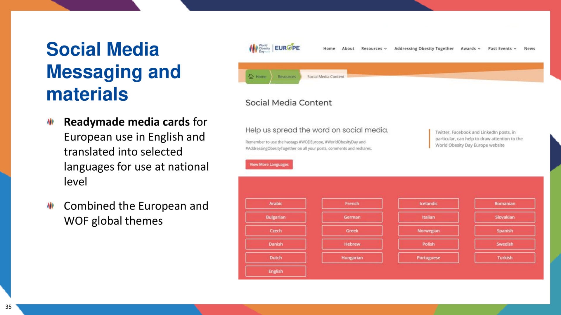 Screenshot of a website page showing downloadable social media content cards in multiple languages, with highlighted text about their use in European and WOF global themes.