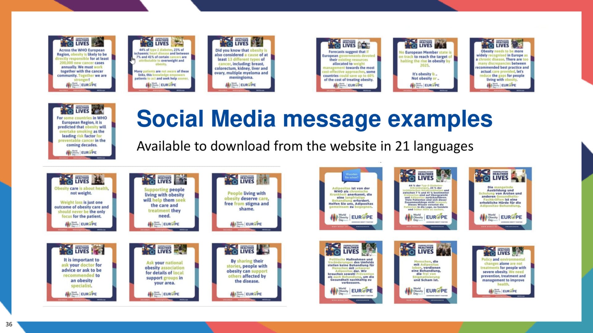 A slide titled "Social Media message examples" displays 18 example posts available for download in 21 languages, each with varied text and graphics.