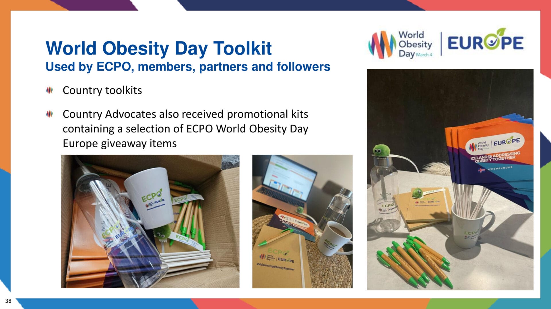 Slide showing the World Obesity Day Toolkit with photos of branded giveaway items like pens, mugs, flags, and notebooks, alongside descriptive text about the toolkit's distribution.