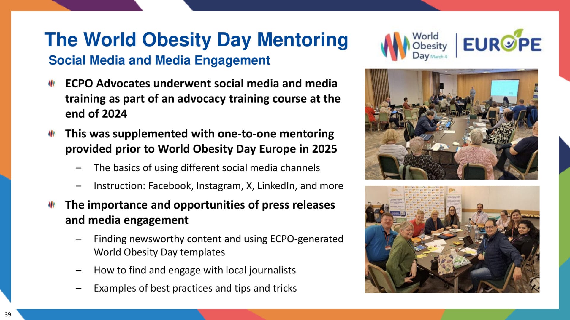 Slide summarizing World Obesity Day Mentoring activities, including social media training, mentoring, press releases, and group photos of participants at tables.