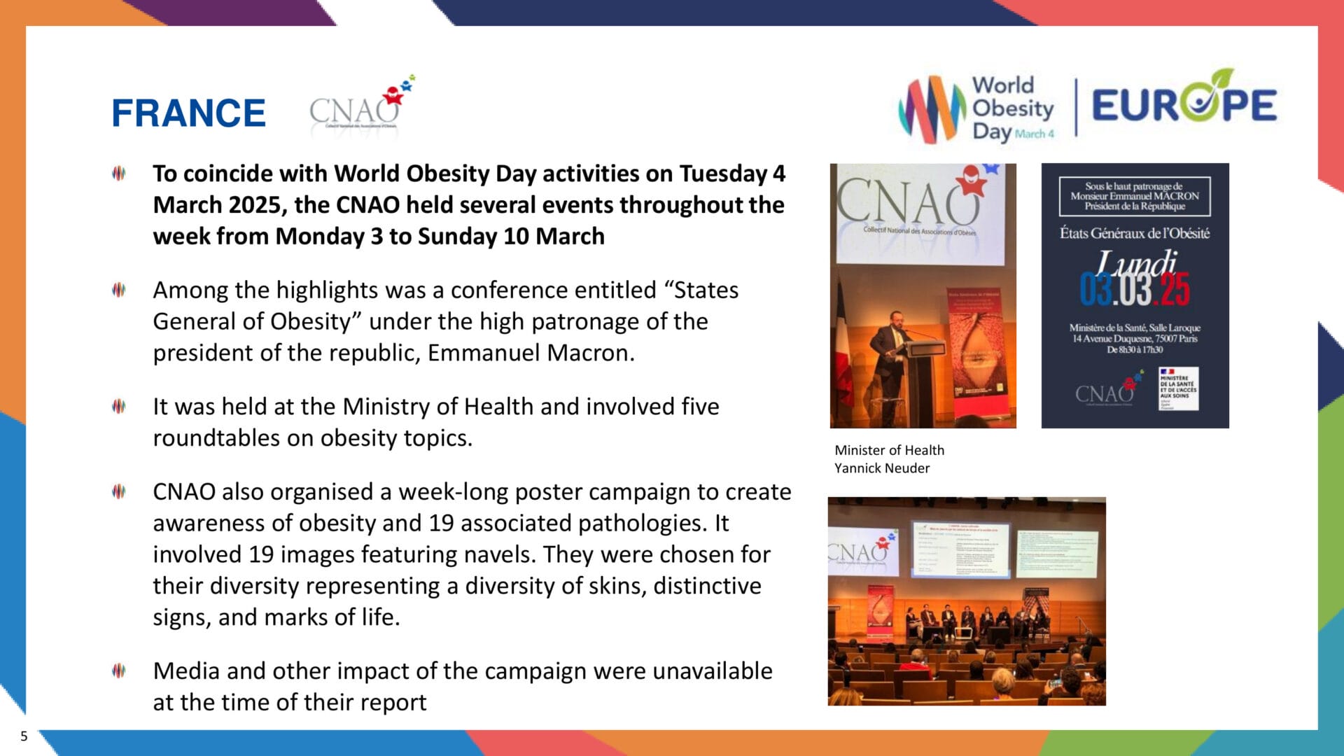 A presentation slide describes CNAO events for World Obesity Day, featuring logos, text, a speaker at a podium, and audience photos from conferences and poster campaigns.