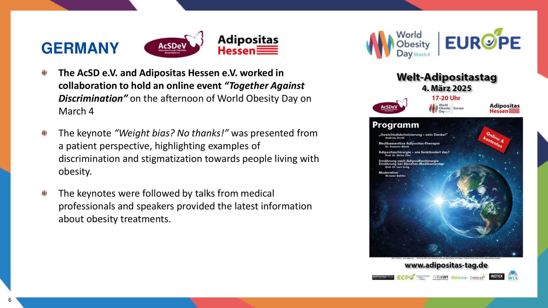 Slide about a World Obesity Day online event in Germany, detailing talks on weight bias and the latest obesity treatments, with program cover image on the right.