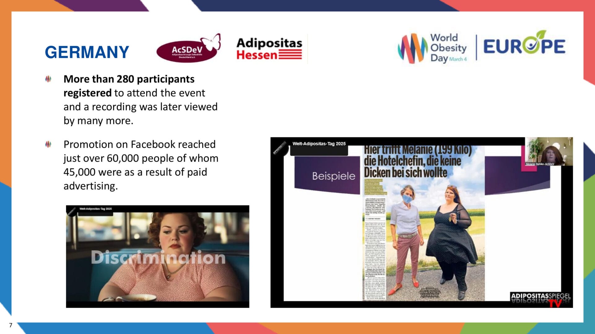 A presentation slide shows event participation statistics, Facebook outreach metrics, and images related to obesity awareness and discrimination, with logos for Adipositas Hessen and World Obesity Day.