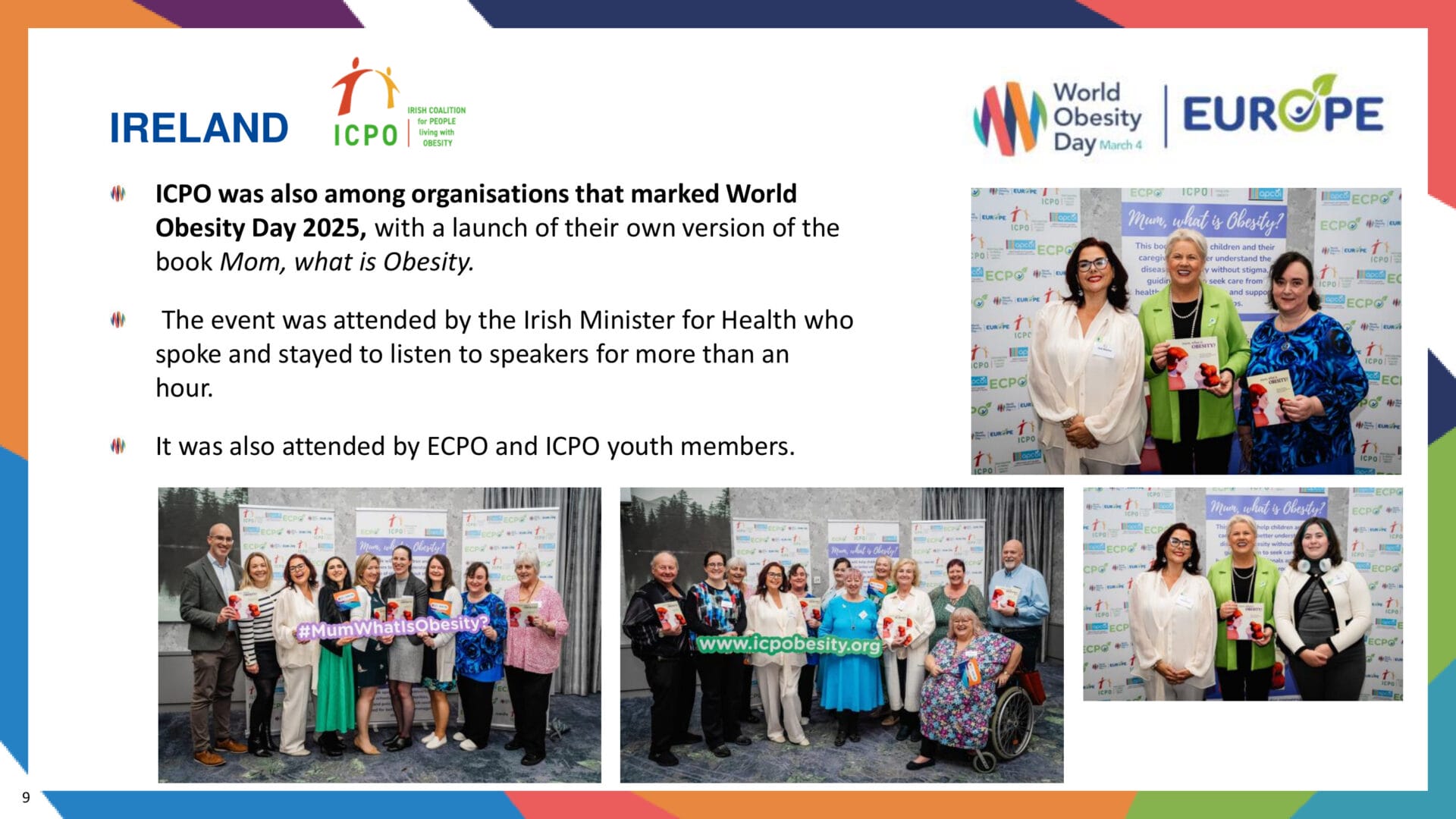 Slide showing the launch of the book "Mom, What is Obesity?" in Ireland, with photos of attendees including the Irish Minister for Health and ECPO/ICPO youth members at the event.