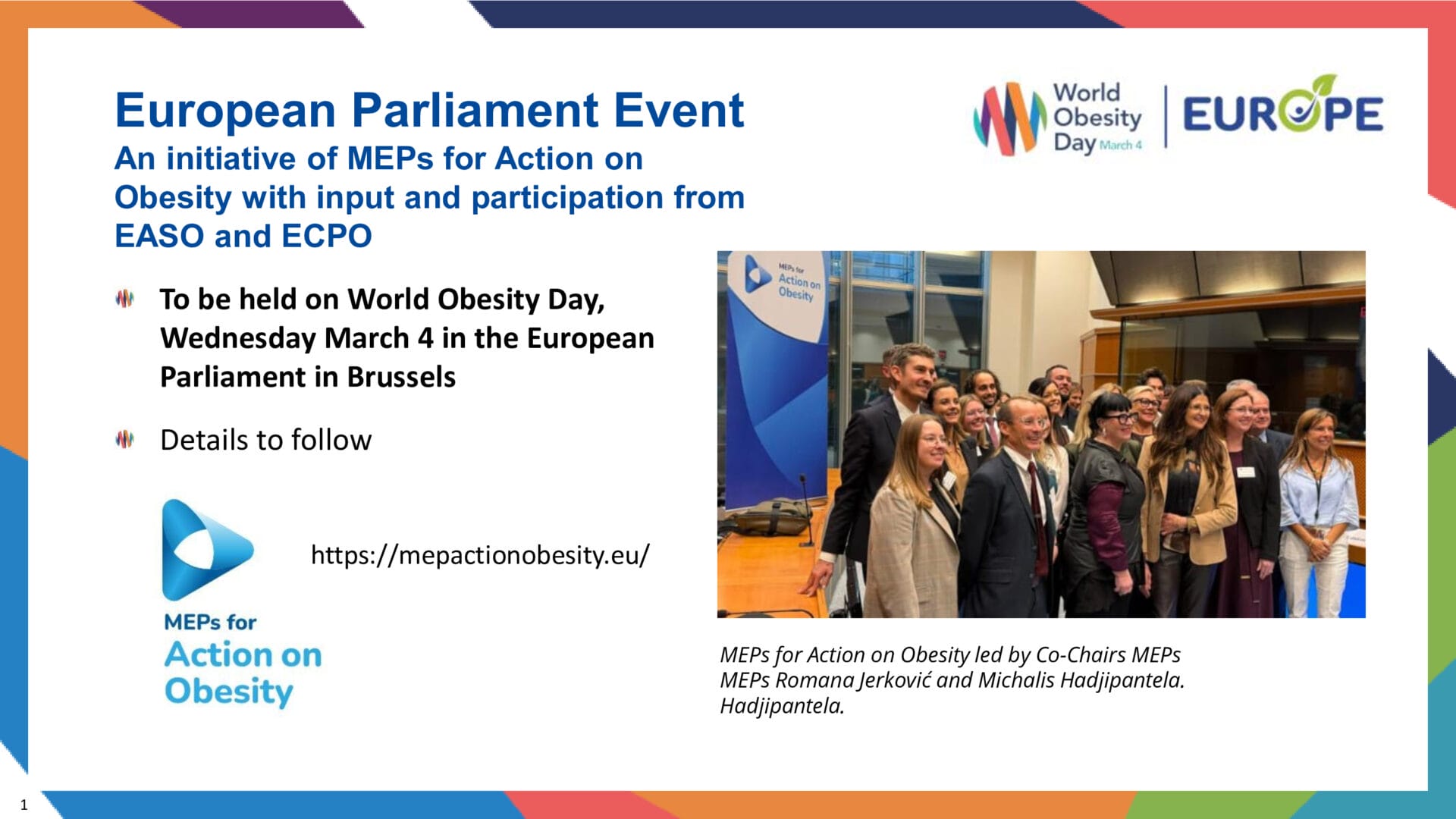 A group of people pose for a photo at the European Parliament Event for World Obesity Day, with banners and event details visible in the background.