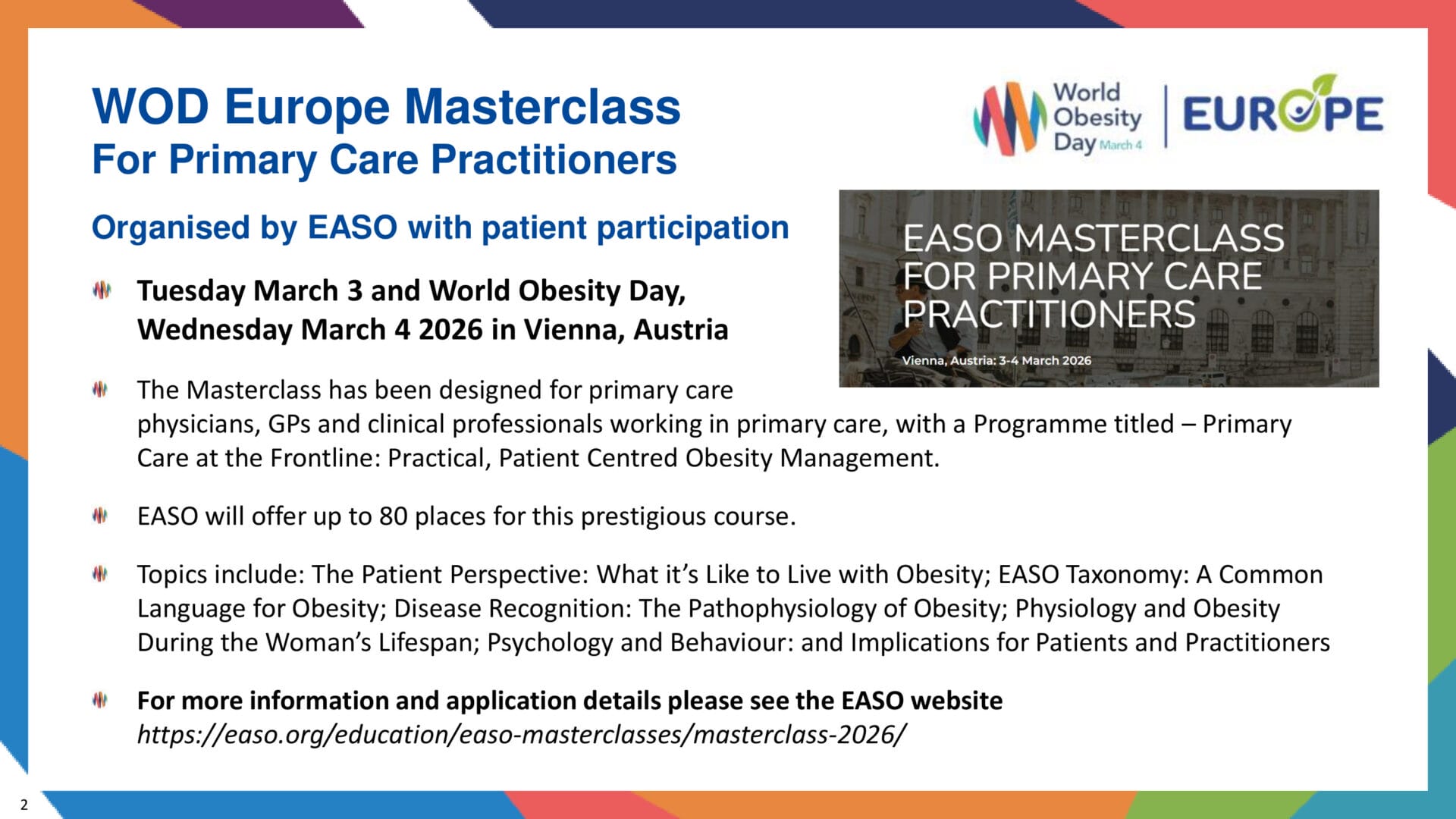 Informational flyer for the WOD Europe Masterclass for Primary Care Practitioners, scheduled for March 3 and 4, 2026, in Vienna, Austria, hosted by EASO.