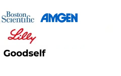 Logos of four companies—Boston Scientific, Amgen, Lilly, and Goodself—are arranged on a white background.